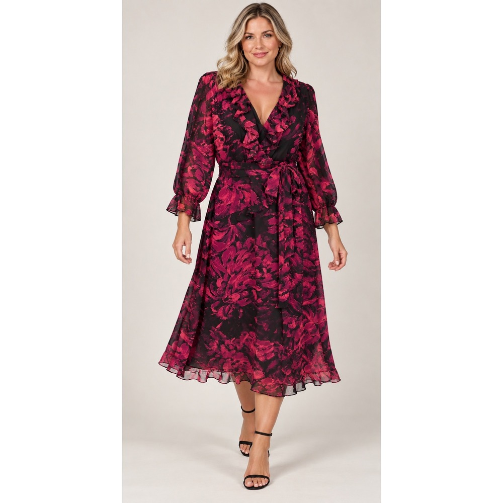 NWT Gabby Skye Size 18 Black Magenta Floral Chiffon Ruffle Midi Dress Belted